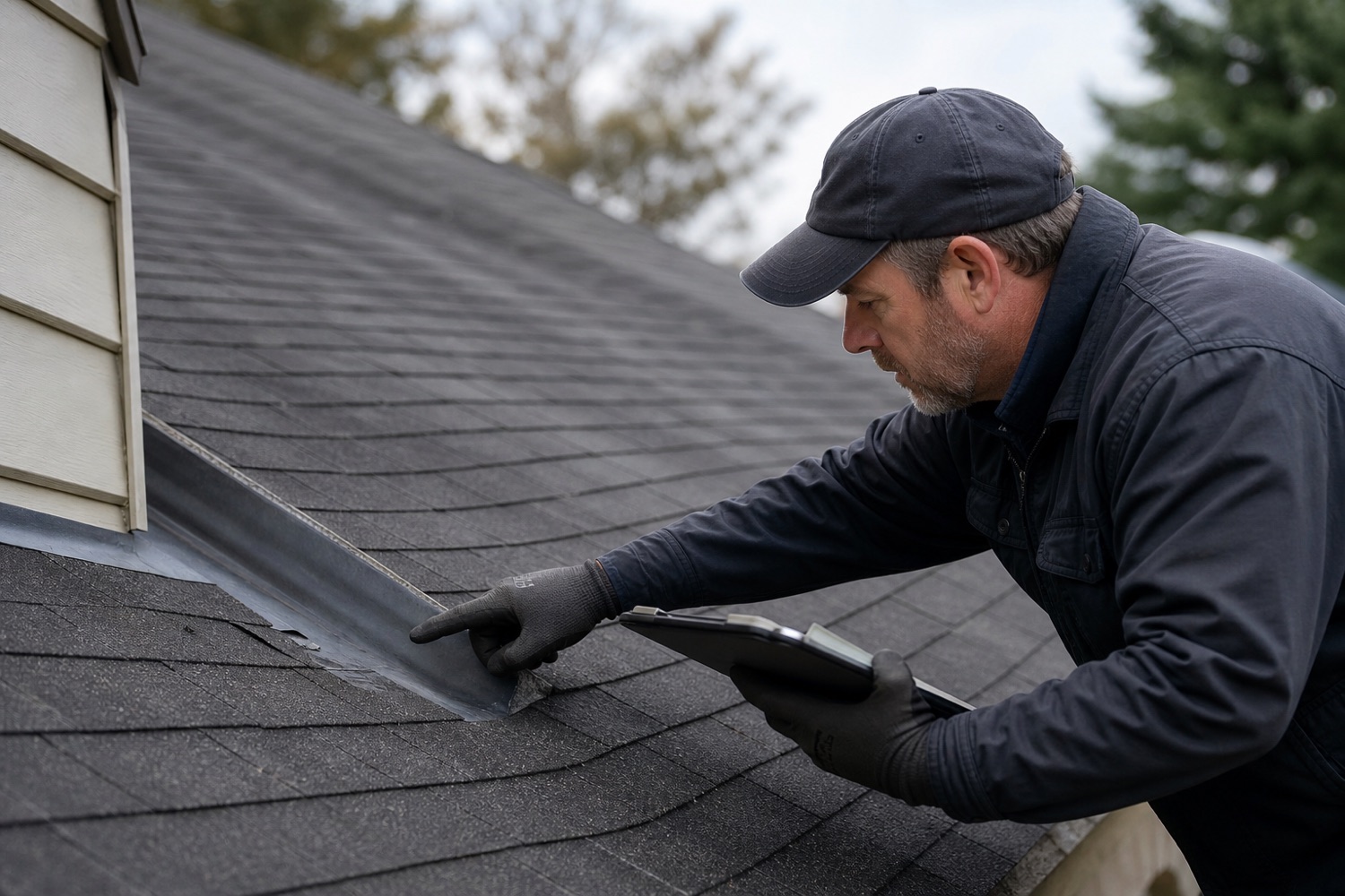 Roofing professional inspecting shingles